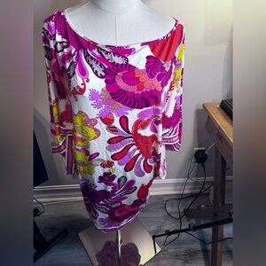 Trina Turk Dress Pink Orange Coverup Size Large 3/4 Kaftan Sleeve 60s Print